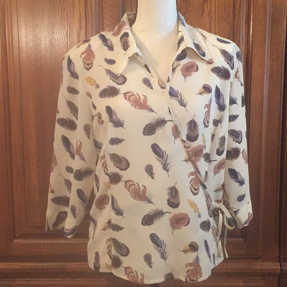 Feather Print Wrap Blouse